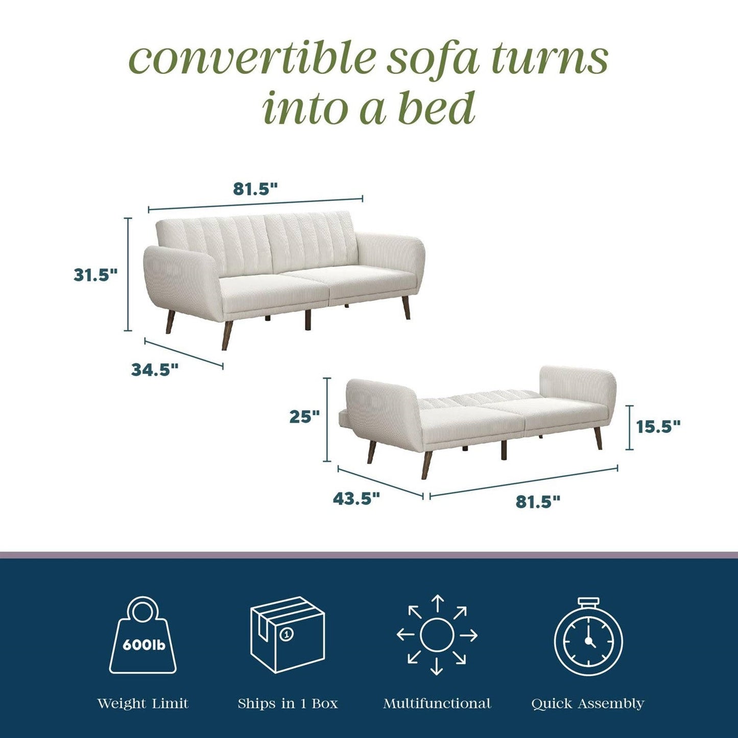 Ivory Corduroy Futon Sofa Bed with Modern Mid-Century Style Wooden Legs