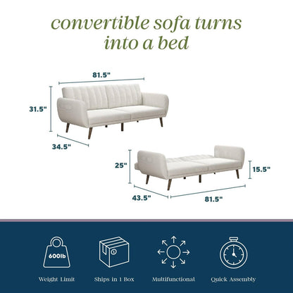 Ivory Corduroy Futon Sofa Bed with Modern Mid-Century Style Wooden Legs