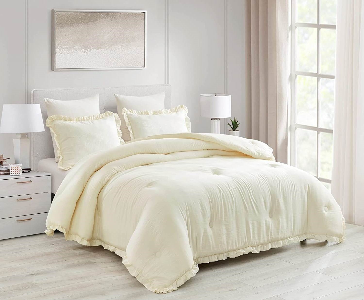 Full Size Ivory Microfiber 3-Piece Comforter Set with Ruffled Edge Trim — Chic Home-Decor