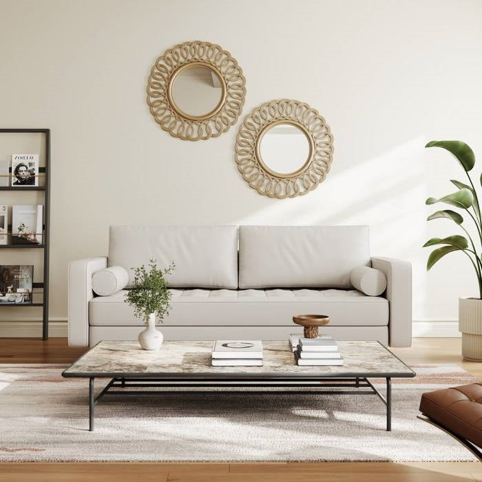 Upholstered Faux Leather Sofa w/ Pillows Solid Hardwood Legs – Ivory