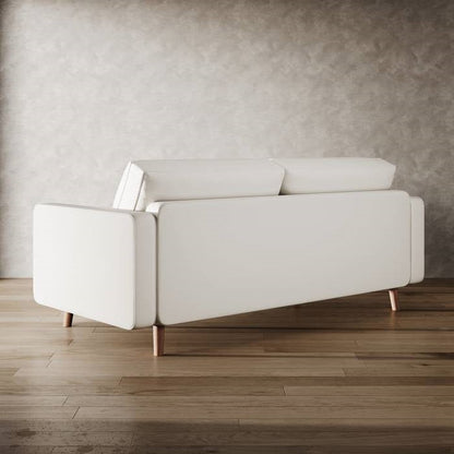 Ivory Upholstered Faux Leather Sofa w/ Pillows Solid Hardwood Legs