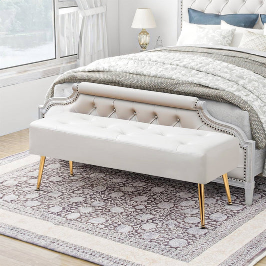 Modern Bed Bench Ottoman with White Ivory PU Leather Seat and Gold Metal Legs — Chic Home-Decor