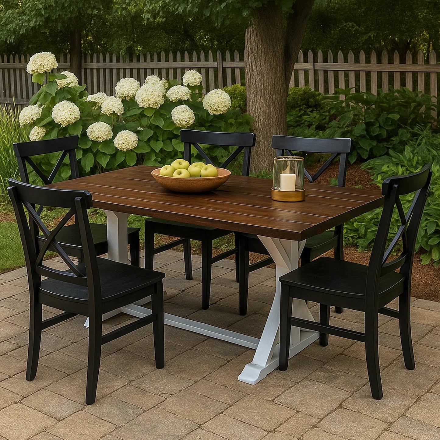 Indoor/Outdoor Dining Table, 69 Inch Brown Rectangular Wood Top, White