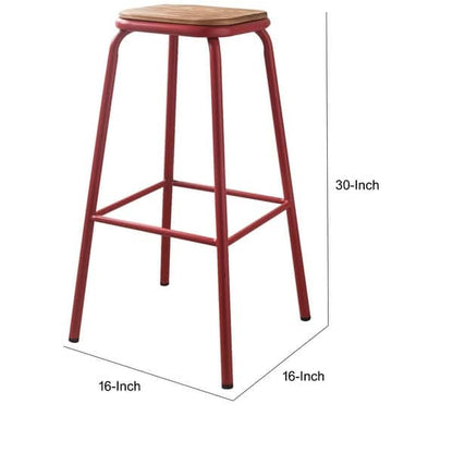 Industrial Style Metal Frame and Wooden Bar Stool, Brown and Red