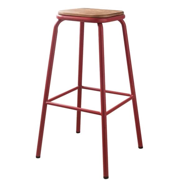 Industrial Style Metal Frame and Wooden Bar Stool, Brown and Red