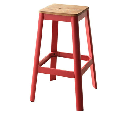 Industrial Style Metal Frame and Wooden Bar Stool, Brown and Red