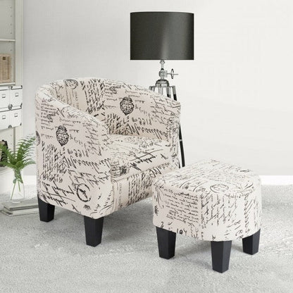French Script Barrel Accent Linen Fabric Upholstered Chair Tub Chair with Ottoman