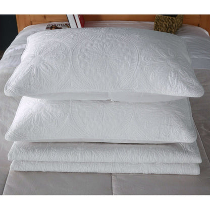 King size White 3-Piece Quilt Bedspread Set 100-Percent Cotton Floral Medallion Pattern