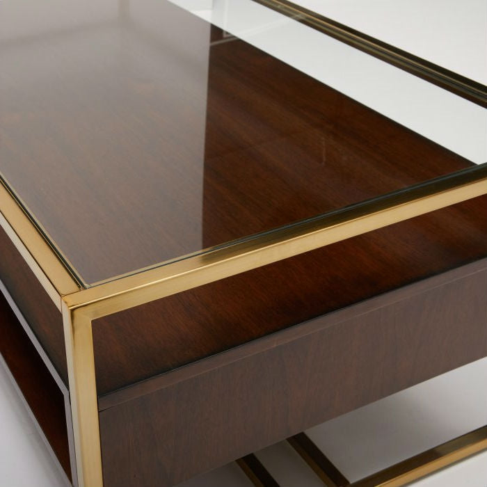 Modern Steel Brass-Plated Walnut Glass Top Retro Coffee Table