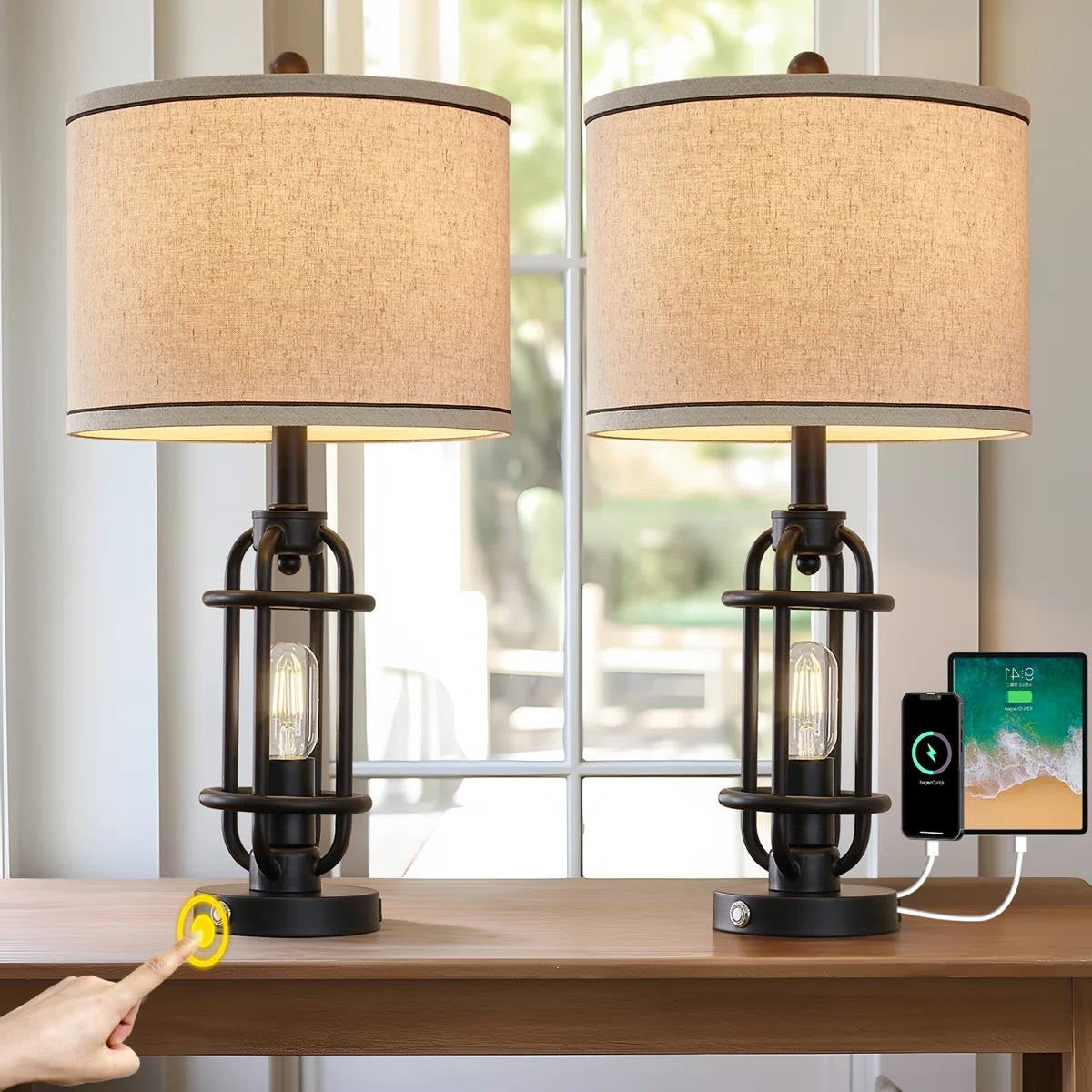 Set of 2 - Farmhouse Dimmable Touch USB Table Lamp with Beige Linen Drum Shade