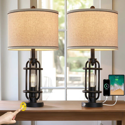 Set of 2 - Farmhouse Dimmable Touch USB Table Lamp with Beige Linen Drum Shade
