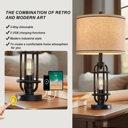 Set of 2 - Farmhouse Dimmable Touch USB Table Lamp with Beige Linen Drum Shade