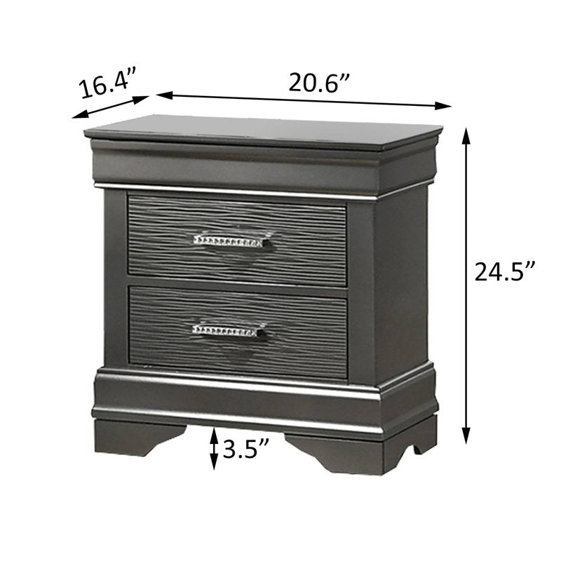 Jean Nightstand, 2 Drawers, Curved Frame, 24 Inch Dark Gray Solid Wood