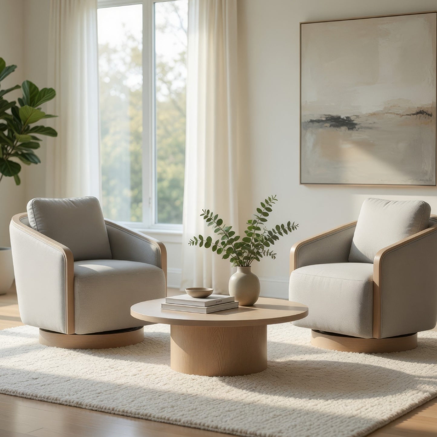 Jely Swivel Accent Armchair, Oak Brown Wood Trim and Base, Gray Polyester