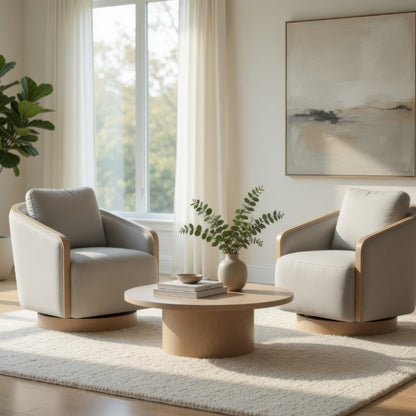 Jely Swivel Accent Armchair, Oak Brown Wood Trim and Base, Gray Polyester