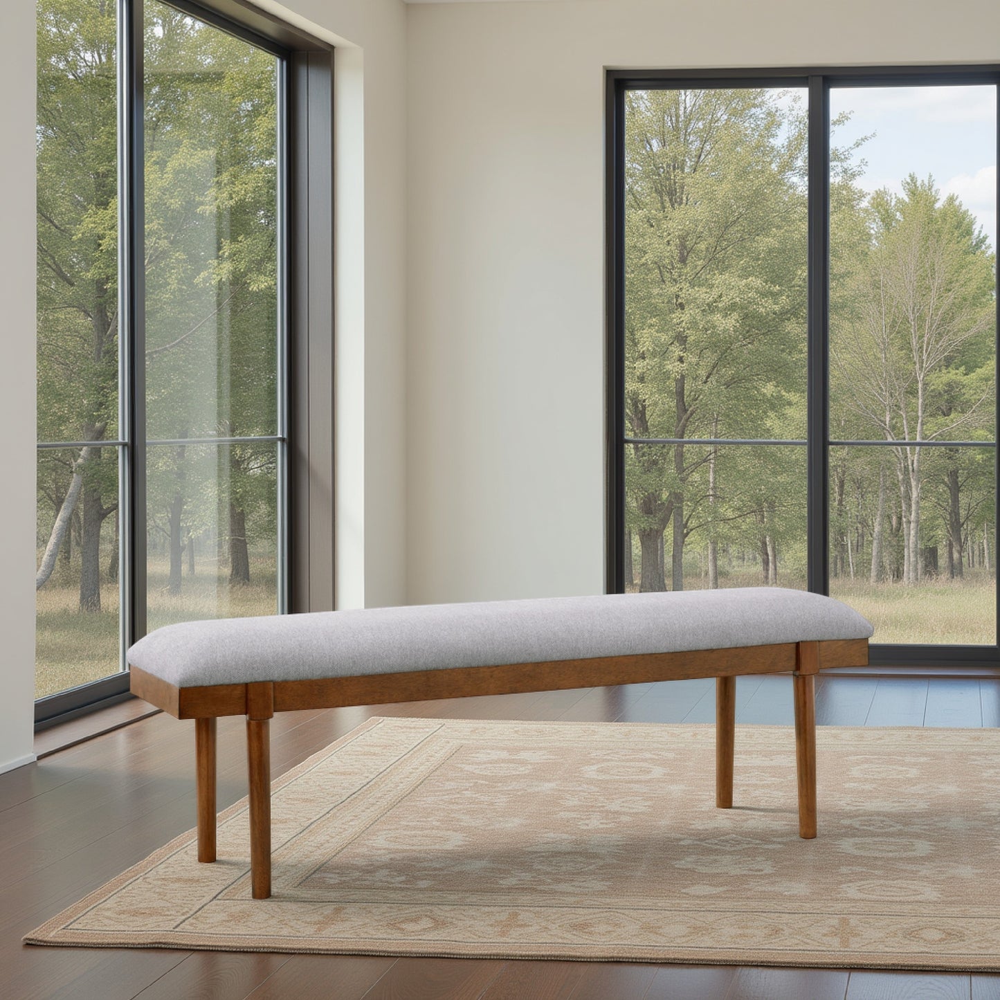 Jeyn Large Dining Room Bench, 59 Inch Brown Hardwood, Gray Polyester
