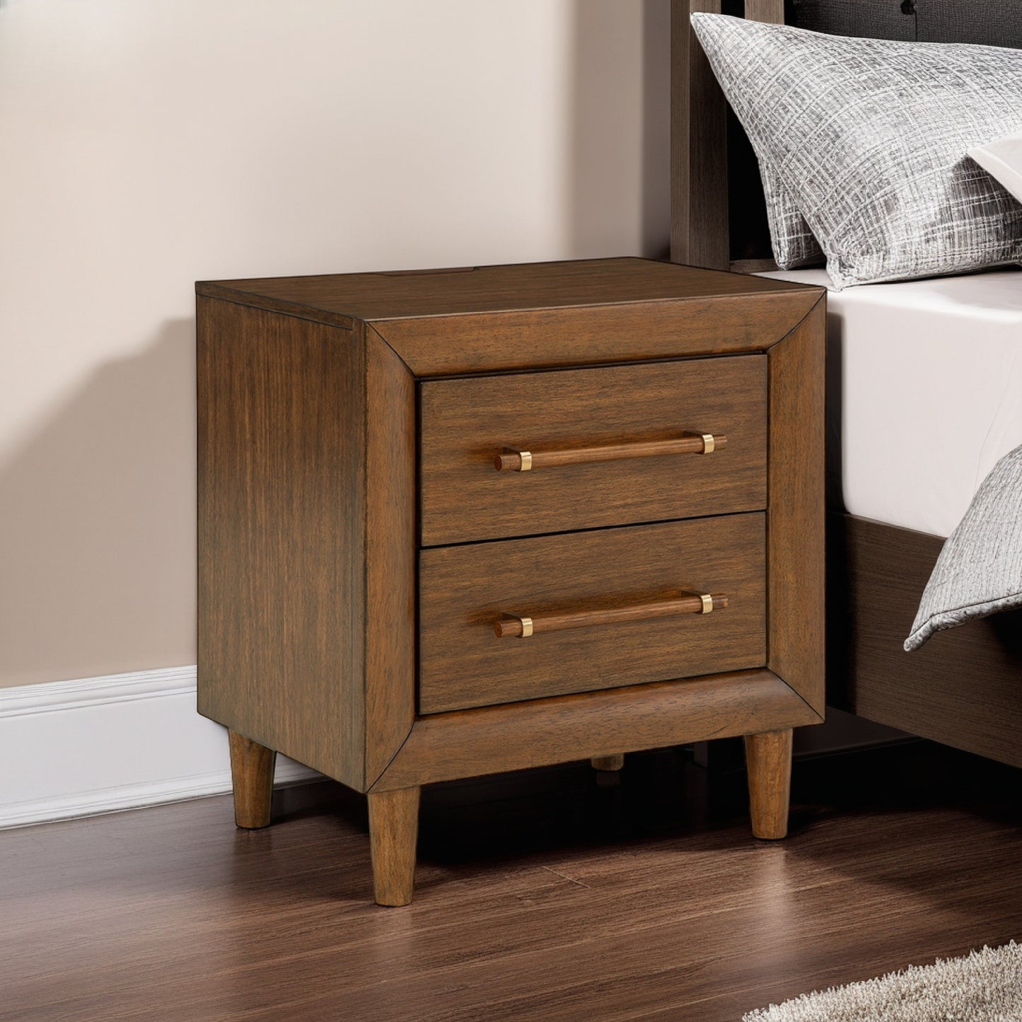 Biom Nightstand, 2 Drawers, Charcoal Brown Solid Hardwood, 24 Inch