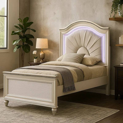 Jisoo Full Size Bed, Pearl White Upholstery, Radial Arch Headboard