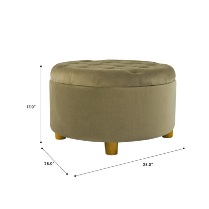 Jo Storage Ottoman, 28 Inch Round Tufted Lift Top, Sage Green Velvet