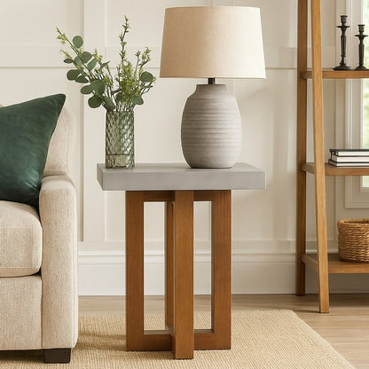 Joshua End Table, Gray Faux Concrete Top, Walnut Brown Wood, 16 Inch