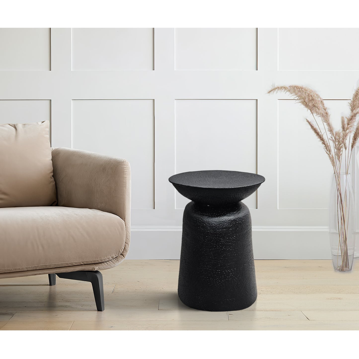 Josi 21 Inch Round Side End Table, Handcrafted Hammered Design, Drum Pedestal Aluminum Base, Matte Black
