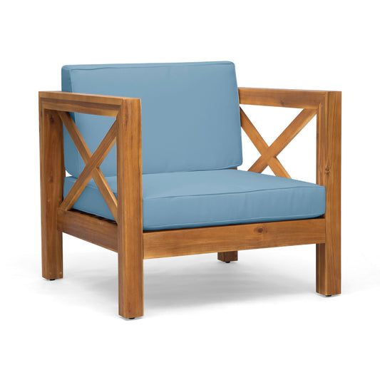 Juna Outdoor Accent Club Chair, Teak Brown Acacia Wood, Blue Fabric