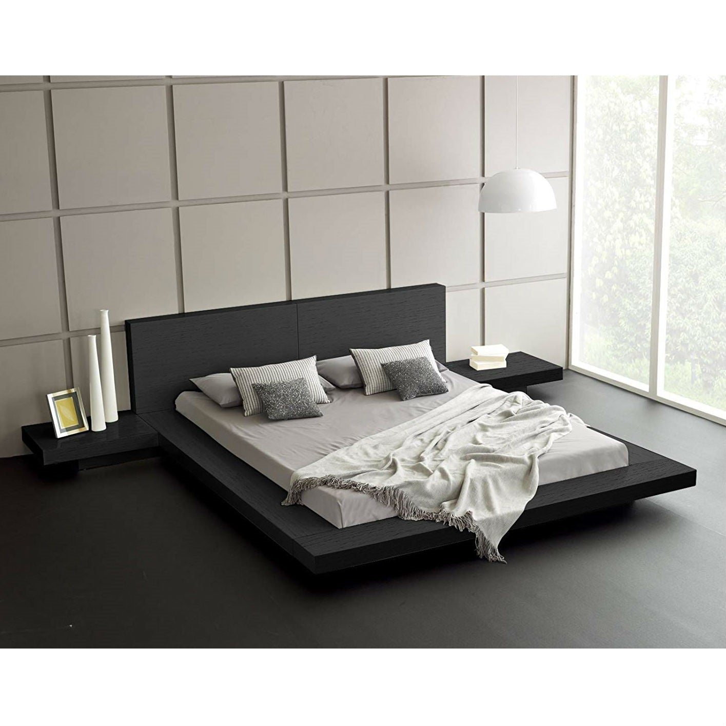 King Modern Platform Bed with Headboard and 2 Nightstand in Ash Black