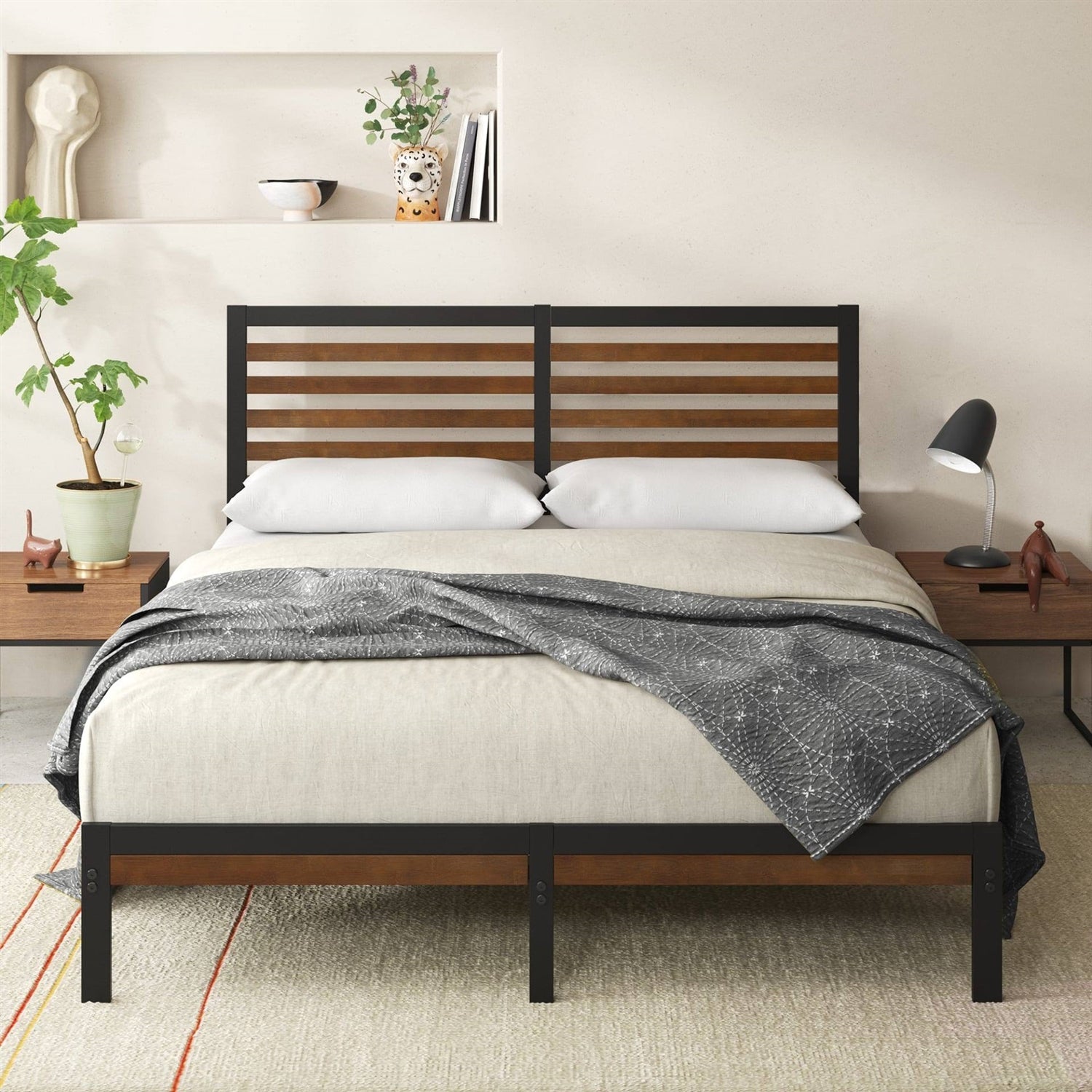 Full Metal Platform Bed Frame with Bamboo Wood Slat Headboard and Footboard — Chic Home-Decor