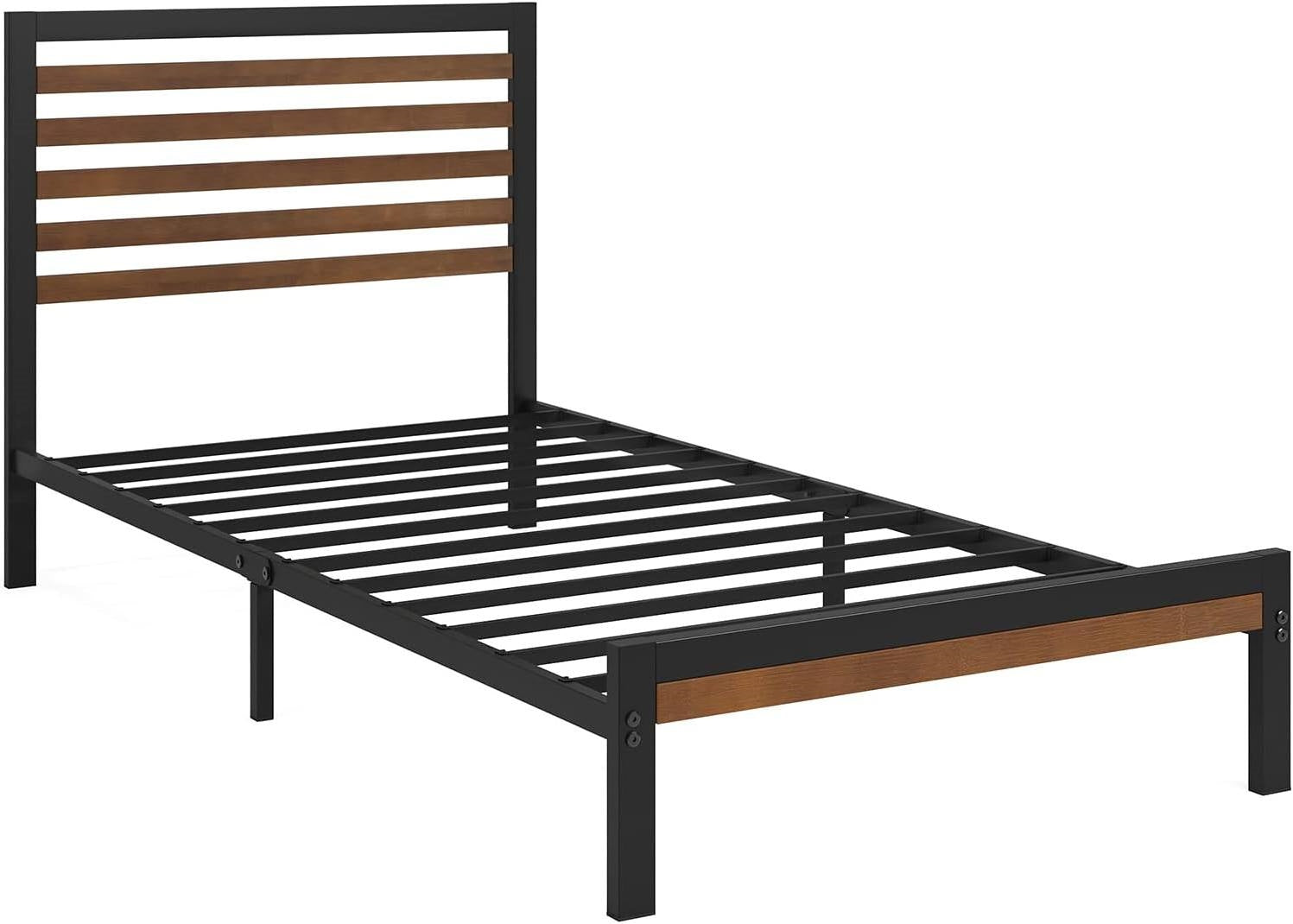 Twin Metal Platform Bed Frame with Bamboo Wood Slatted Headboard and Footboard — Chic Home-Decor