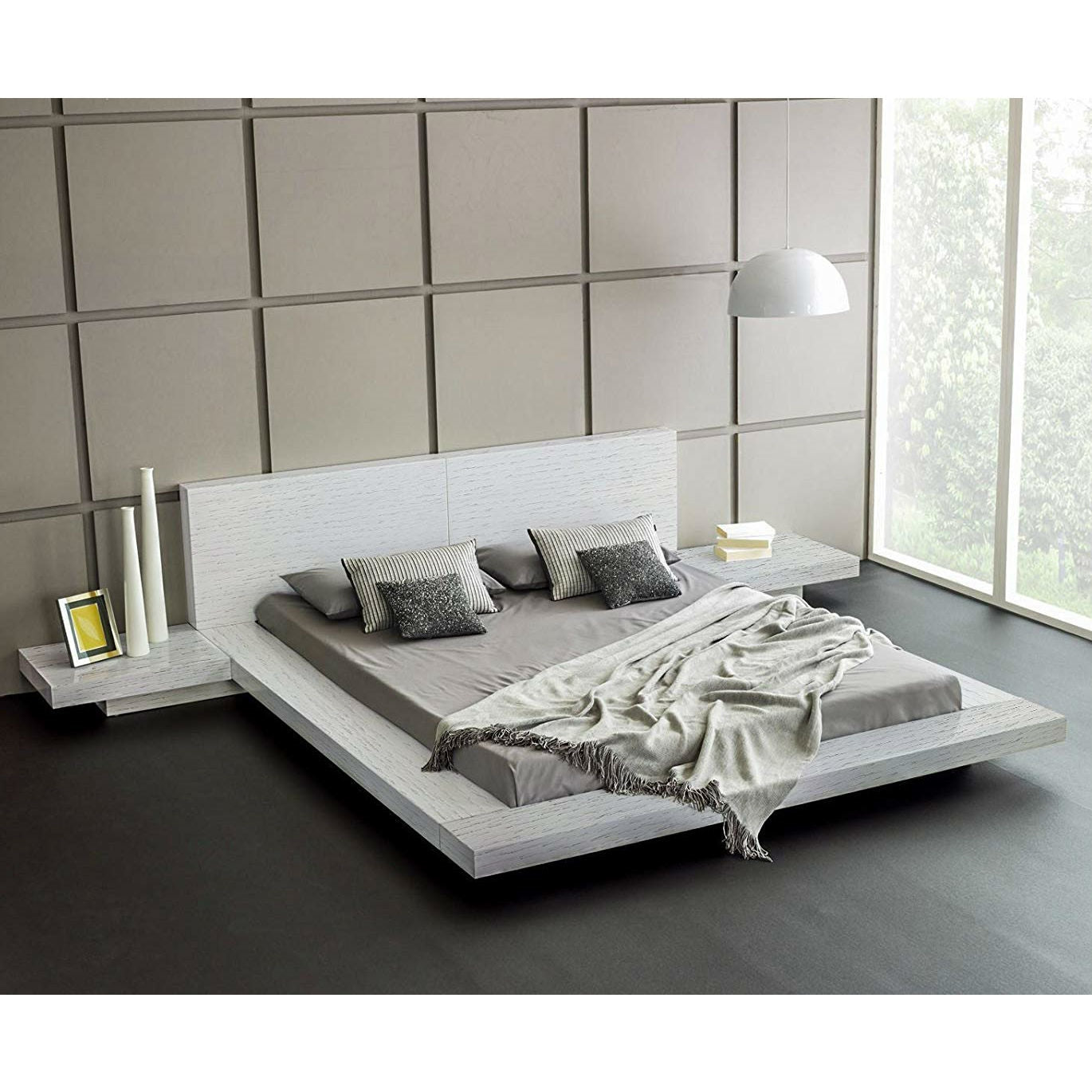 King Modern Platform Bed with Headboard and Nightstands in Ash White