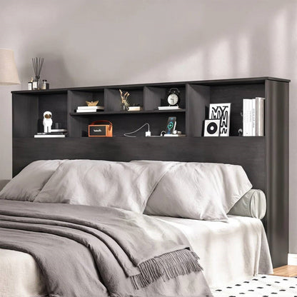 Bookcase Headboard Wood Finish with LED Lights – Black