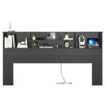 King size Bookcase Headboard in Black Wood Finish with LED Lights