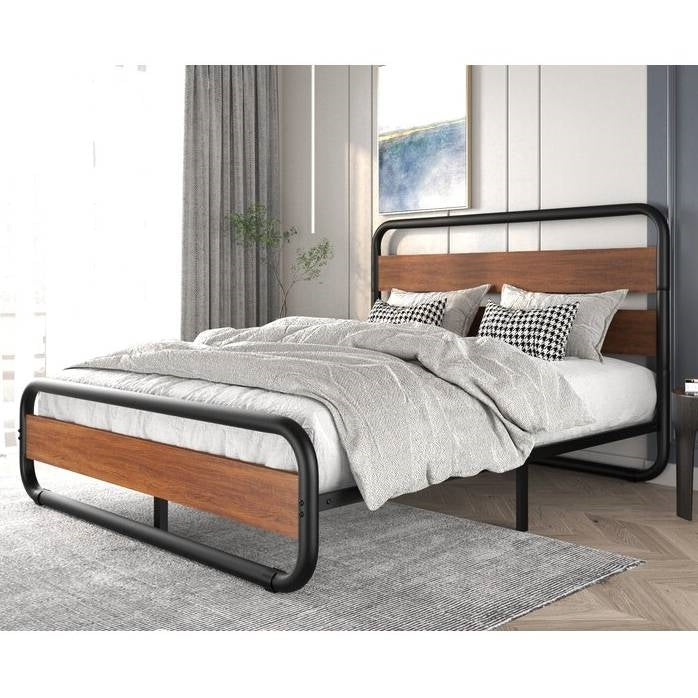 King size Heavy Duty Industrial Modern Metal Wood Platform Bed Frame with Headboard — Chic Home-Decor