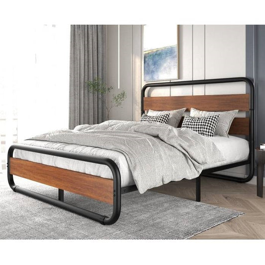 King size Heavy Duty Industrial Modern Metal Wood Platform Bed Frame with Headboard — Chic Home-Decor
