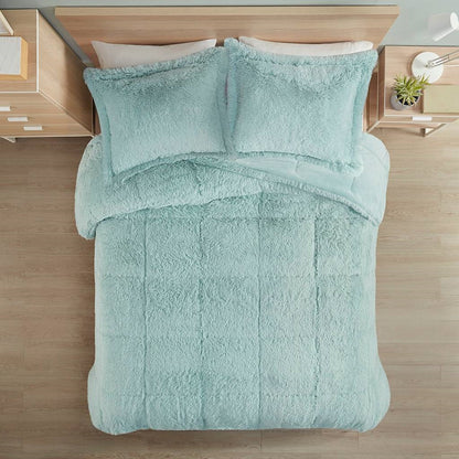 Soft Sherpa Faux Fur 3-Piece Comforter Set in Light Teal Blue – King/Cal King