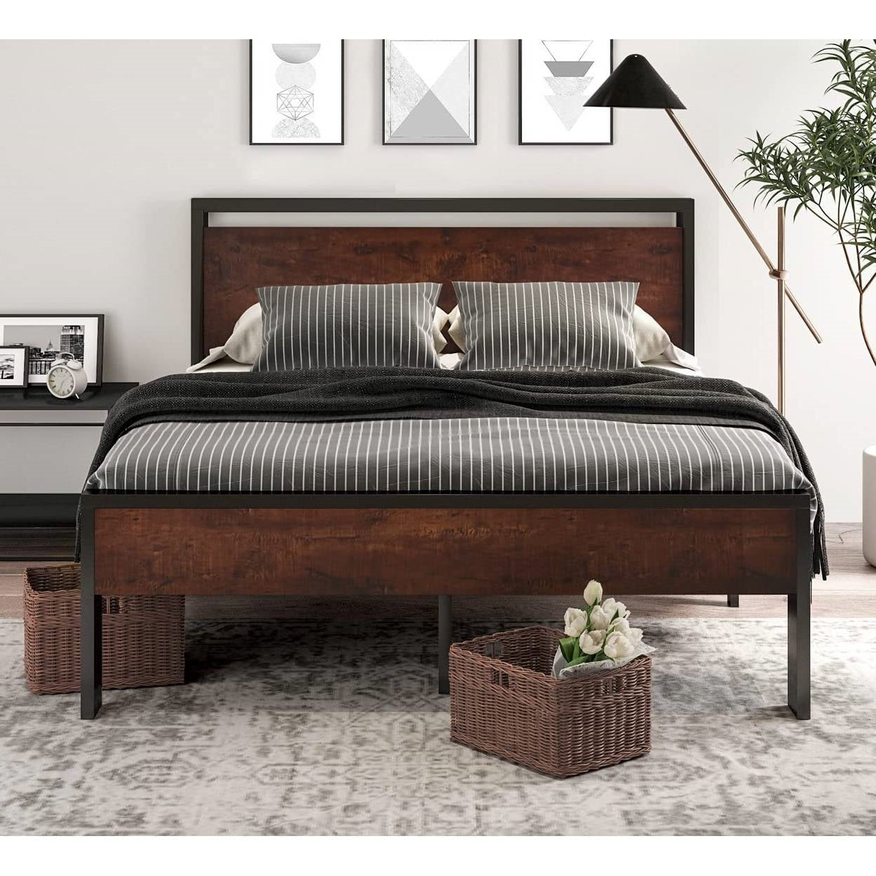 King Metal Platform Bed Frame with Mahogany Wood Panel Headboard Footboard — Chic Home-Decor