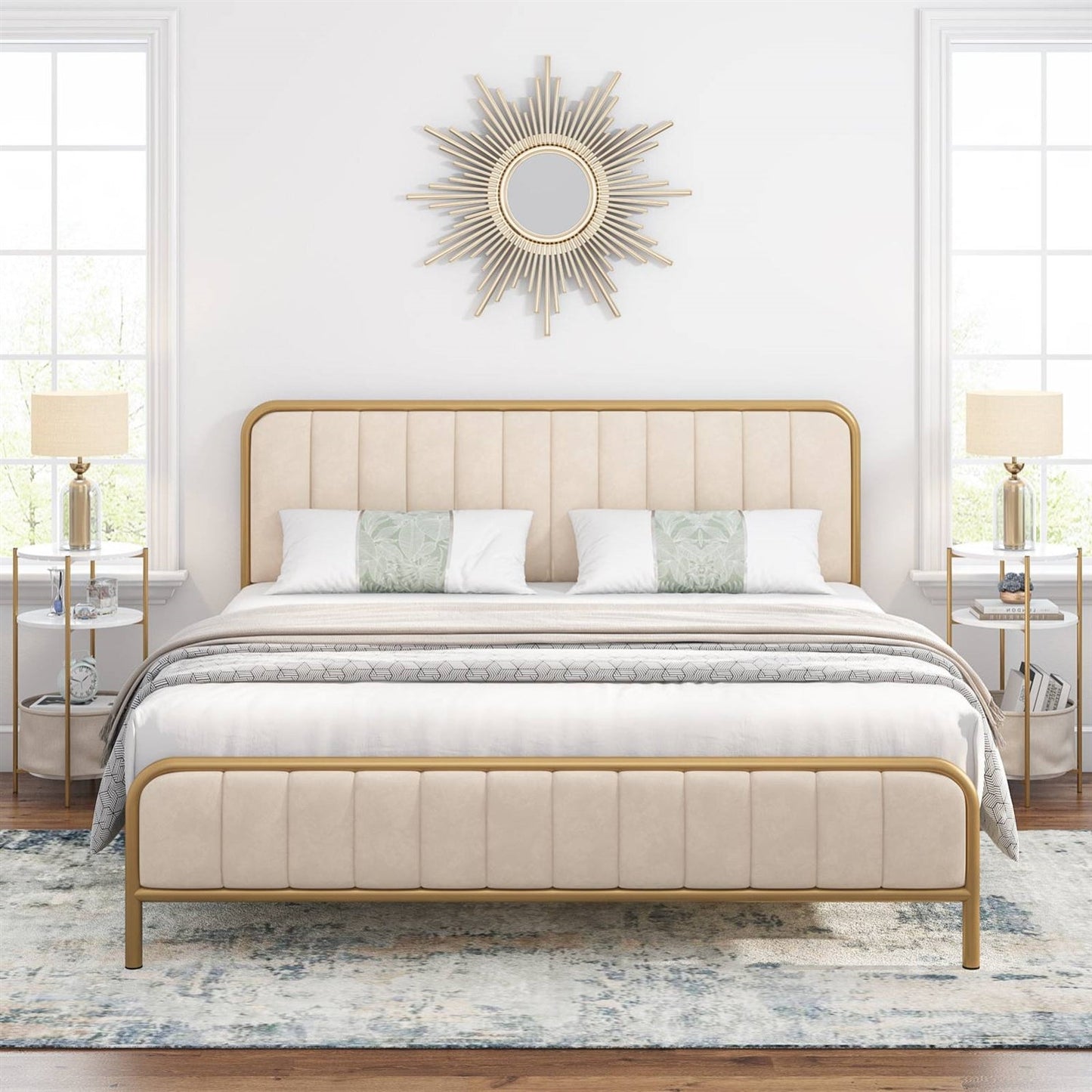King size Gold Metal Platform Bed Frame with Off-White Upholstered Headboard — Chic Home-Decor