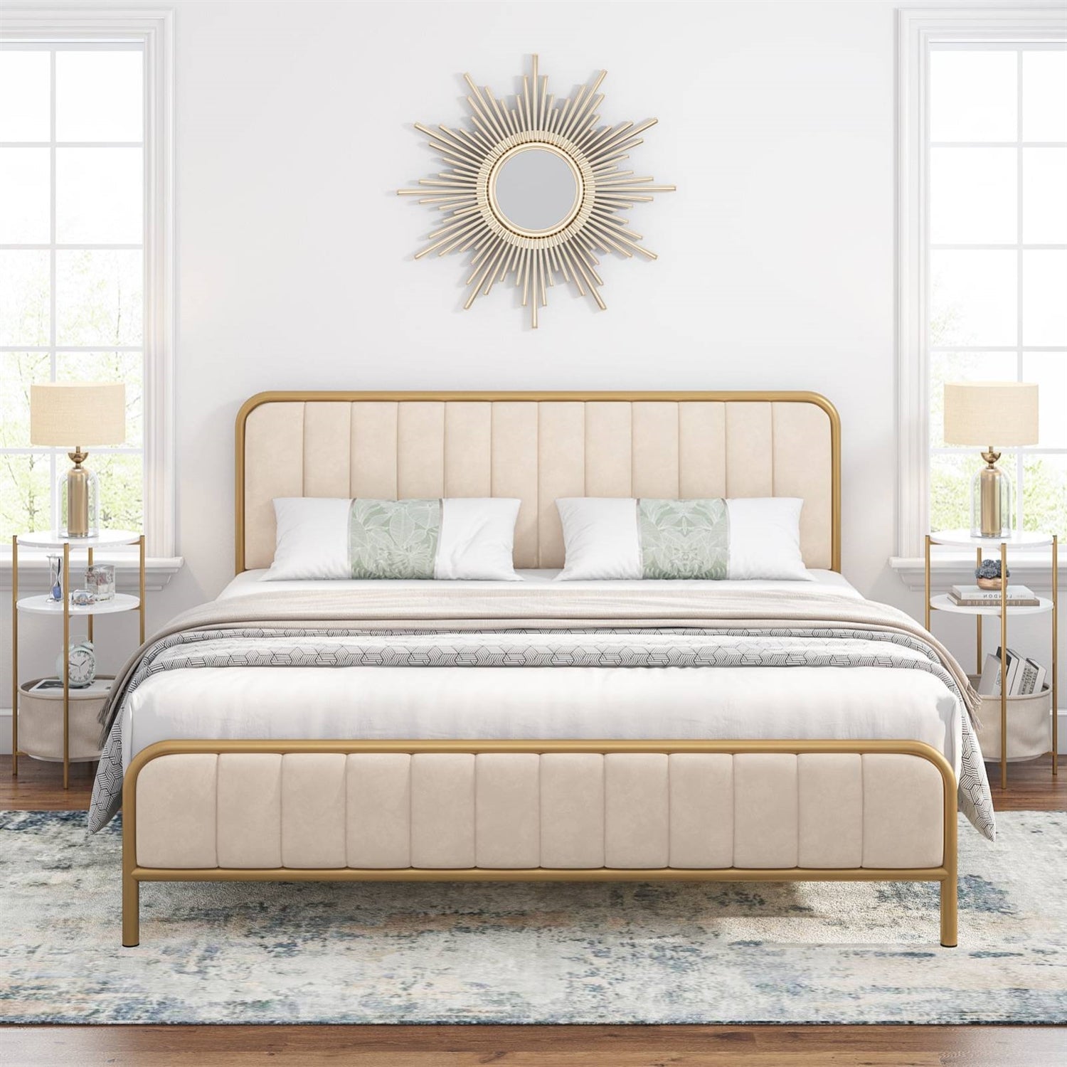 King size Gold Metal Platform Bed Frame with Off-White Upholstered Headboard — Chic Home-Decor