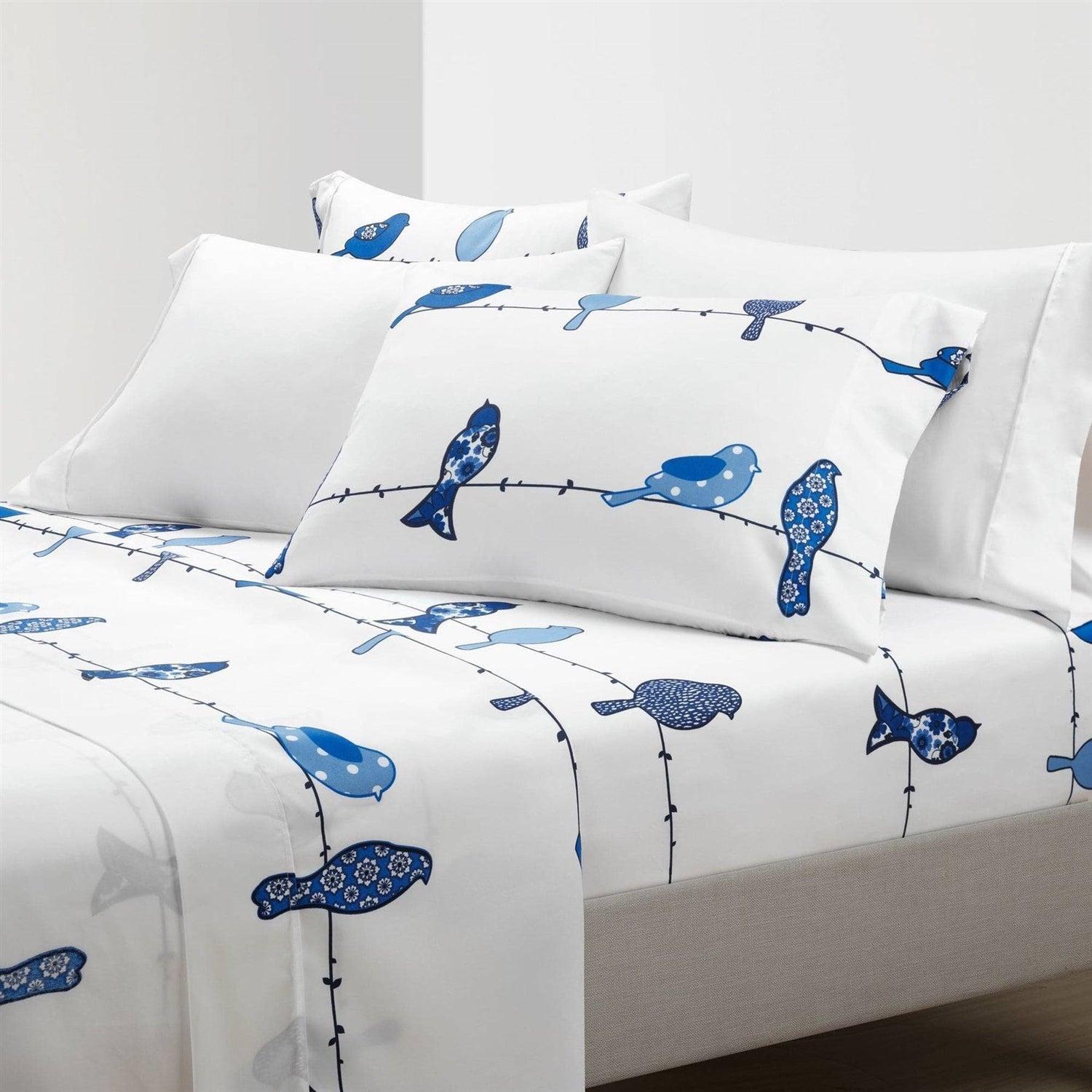 King size Blue White Floral Birds on Wire Soft Polyester 6 Piece Sheet Set — Chic Home-Decor