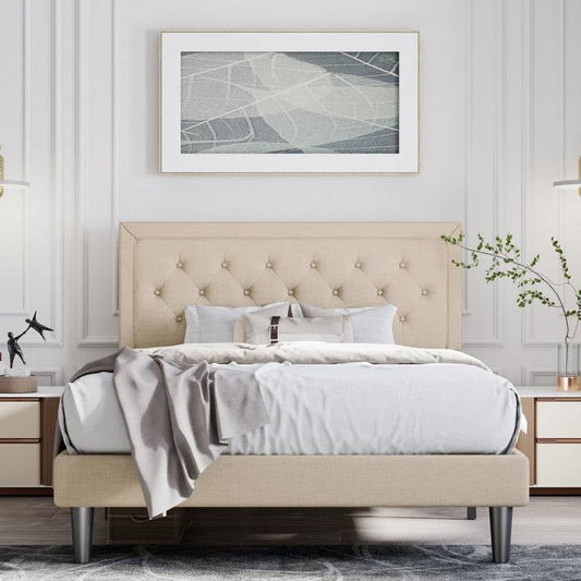 King Adjustable Height Platform Bed Frame with Beige Upholstered Headboard — Chic Home-Decor
