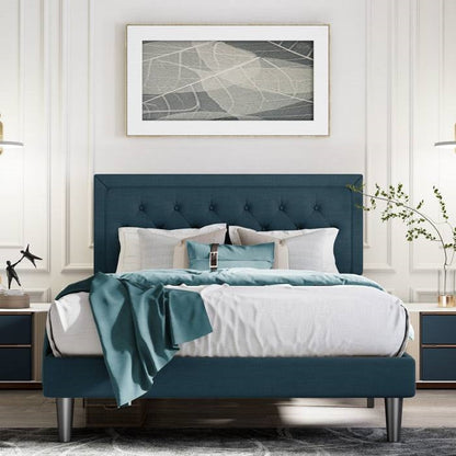 Adjustable Height Platform Bed Frame with Upholstered Headboard – Blue