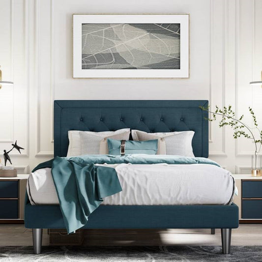 King Adjustable Height Platform Bed Frame with Blue Upholstered Headboard — Chic Home-Decor