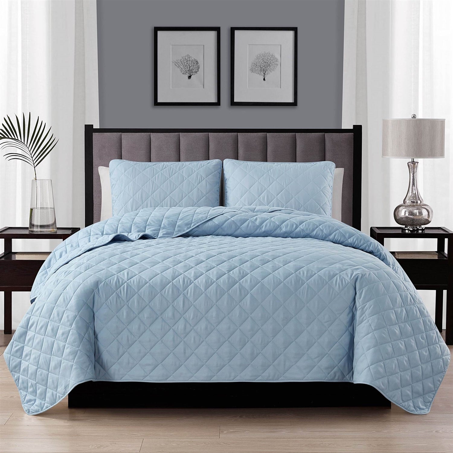 King/CAL King 3-Piece Light Blue Microfiber Reversible Diamond Quilt Set — Chic Home-Decor