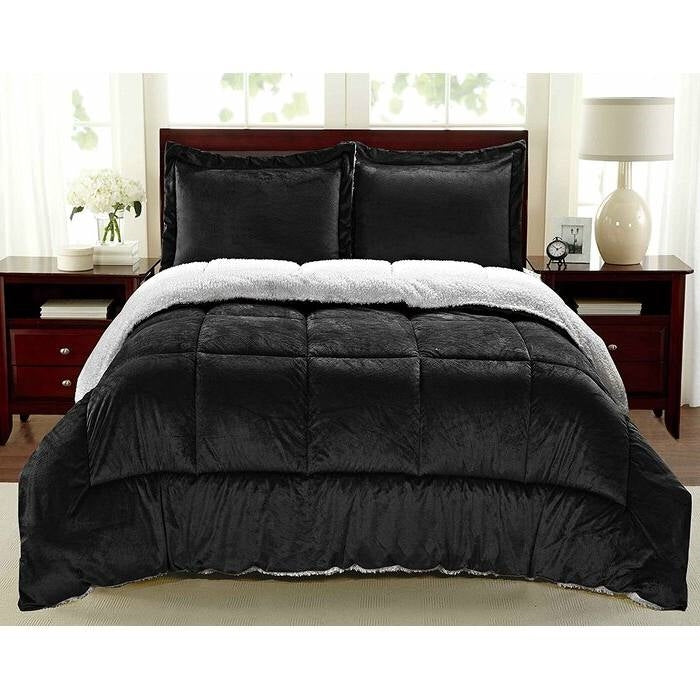 King Size 3 Piece Ultra Soft Sherpa Wrinkle Resistant Comforter Set in Black — Chic Home-Decor