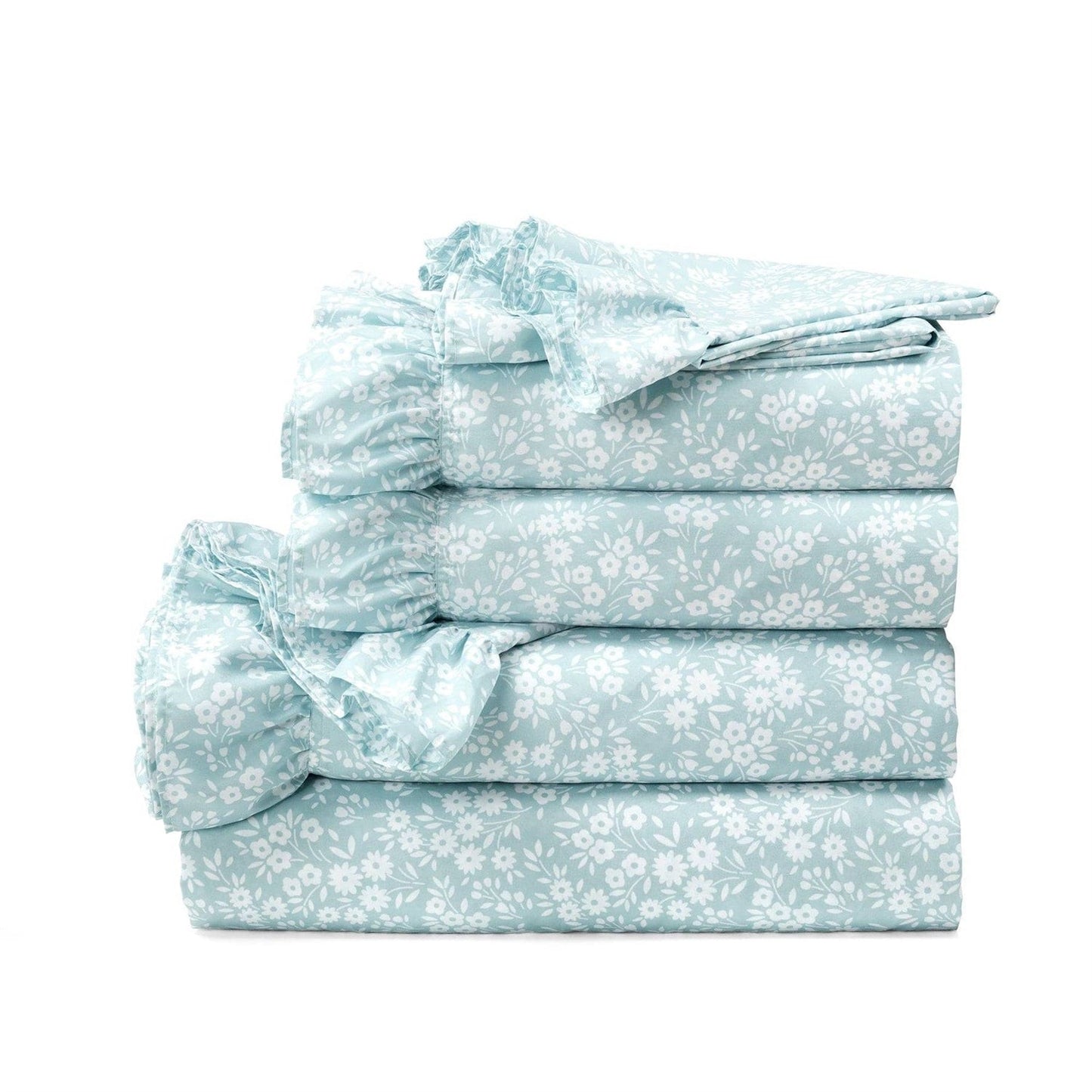 King Size Polyester Blue Ruffle Floral 6 Piece Sheet Set — Chic Home-Decor