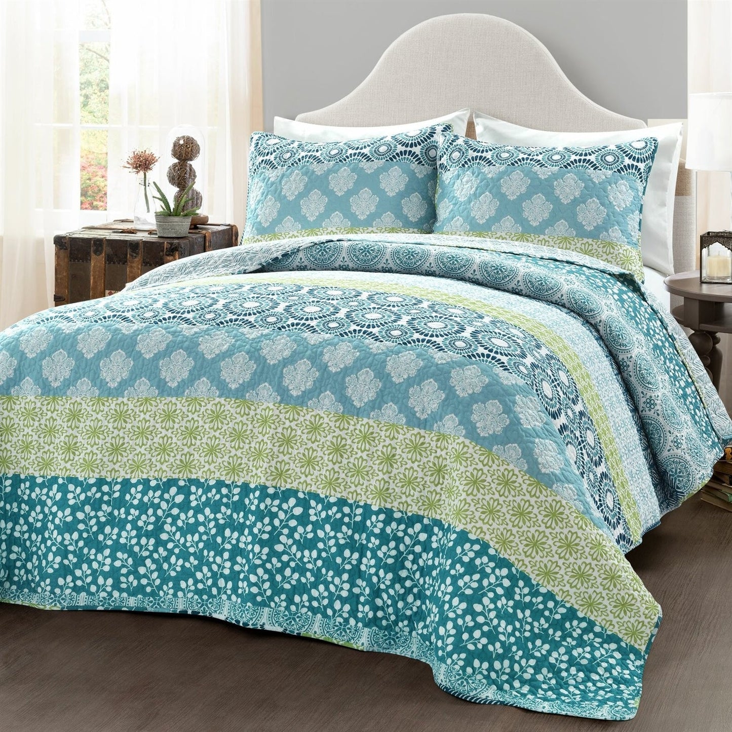 King size Cotton 3 Piece Reversible Blue White Green Floral Damask Quilt Set — Chic Home-Decor