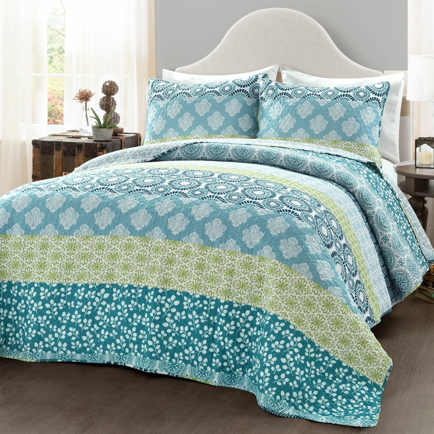 King size Cotton 3 Piece Reversible Blue White Green Floral Damask Quilt Set — Chic Home-Decor
