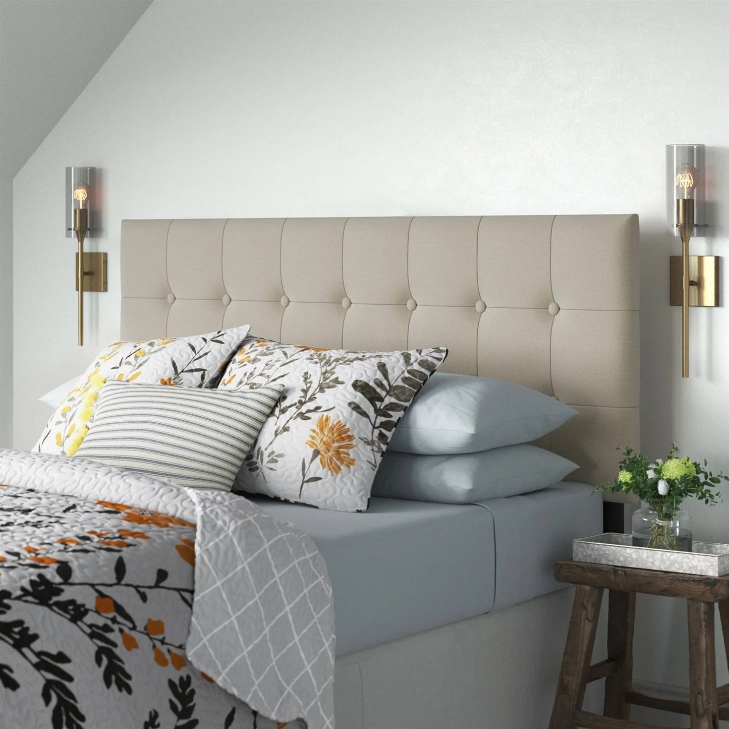 King Button-Tufted Headboard in Light Grey Beige Taupe Upholstered Fabric — Chic Home-Decor