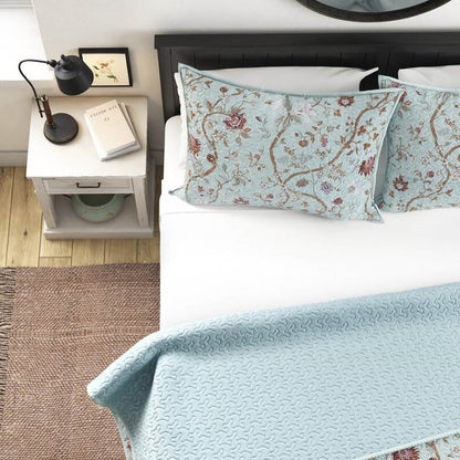 3-Piece Farmhouse Blue Teal Floral Vines Cotton Reversible Quilt Set – King