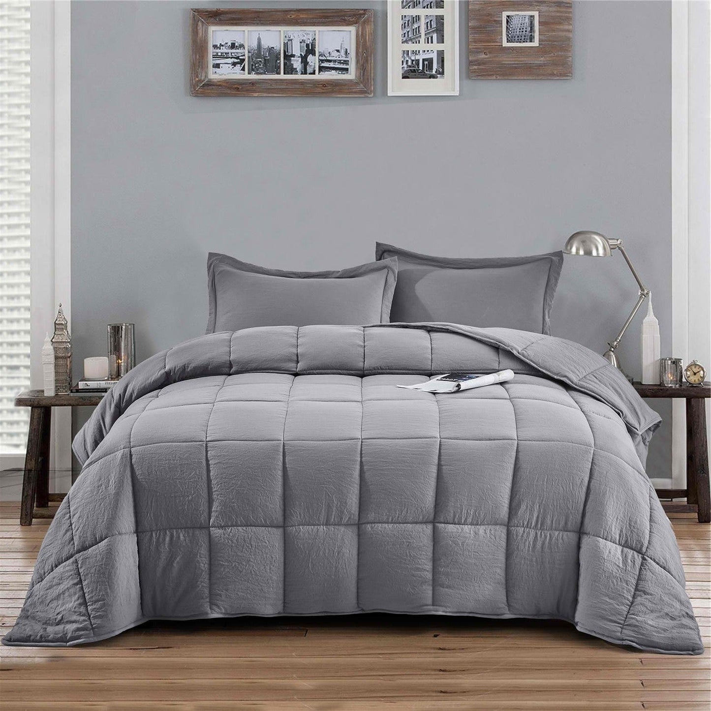 King Size Grey 3 Piece Microfiber Reversible Comforter Set — Chic Home-Decor